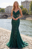 Sparkly Dark Green Mermaid Spaghetti Strap Sequin Tulle Long Prom Dress with Appliques