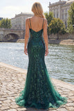 Sparkly Dark Green Mermaid Spaghetti Strap Sequin Tulle Long Prom Dress with Appliques