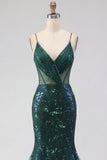 Sparkly Dark Green Mermaid Spaghetti Strap Sequin Tulle Long Prom Dress with Appliques