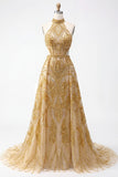 Sparkly Golden Halter A-Line Hollow Long Prom Dress with Beading