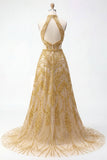 Sparkly Golden Halter A-Line Hollow Long Prom Dress with Beading