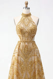 Sparkly Golden Halter A-Line Hollow Long Prom Dress with Beading