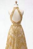 Sparkly Golden Halter A-Line Hollow Long Prom Dress with Beading