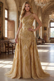 Sparkly Golden Mermaid One Shoulder Beaded Long Prom Dress with Chapel Train