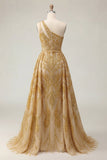 Sparkly Golden Mermaid One Shoulder Beaded Long Prom Dress with Chapel Train