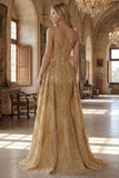 Sparkly Golden Mermaid One Shoulder Beaded Long Prom Dress with Chapel Train