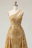 Sparkly Golden Mermaid One Shoulder Beaded Long Prom Dress with Chapel Train