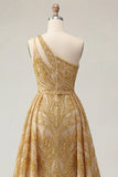 Sparkly Golden Mermaid One Shoulder Beaded Long Prom Dress with Chapel Train