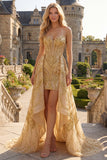 Sparkly Golden Sweetheart Bodycon Corset Beaded Mini Prom Dress with Ruffles Chapel Train