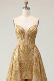 Sparkly Golden Sweetheart Bodycon Corset Beaded Mini Prom Dress with Ruffles Chapel Train