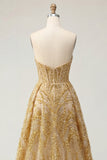Sparkly Golden Sweetheart Bodycon Corset Beaded Mini Prom Dress with Ruffles Chapel Train