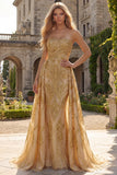 Sparkly Gold Strapless Mermaid Prom Dress with Side Drape