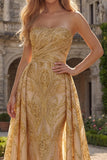 Sparkly Gold Strapless Mermaid Prom Dress with Side Drape