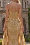 Sparkly Gold Strapless Mermaid Prom Dress with Side Drape