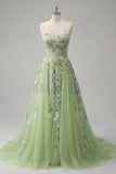 Strapless Green Floral Embroidered A-Line Tulle Prom Dress