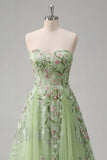 Strapless Green Floral Embroidered A-Line Tulle Prom Dress