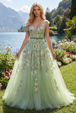 Green V-Neck Floral Embroidered A-Line Tulle Prom Dress