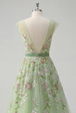 Green V-Neck Floral Embroidered A-Line Tulle Prom Dress