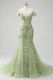 Off The Shoulder Green Mermaid Embroidered Tulle Prom Dress
