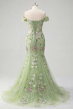 Off The Shoulder Green Mermaid Embroidered Tulle Prom Dress