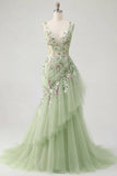 Green Floral V Neck Ruffled Mermaid Appliqued Prom Dress