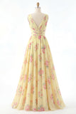 Yellow V-Neck Ruched A Line Floral Prom Dress with Slit