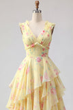 Yellow V-Neck A Line Floral Long Prom Dress with Ruffles