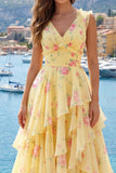 Yellow V-Neck A Line Floral Long Prom Dress with Ruffles