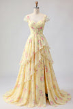 Yellow Cap Sleeves A Line Ruffled Floral Prom Dress with Slit