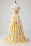 Yellow Cap Sleeves A Line Ruffled Floral Prom Dress with Slit