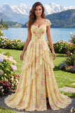 Yellow Cap Sleeves A Line Ruffled Floral Prom Dress with Slit