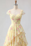 Yellow Cap Sleeves A Line Ruffled Floral Prom Dress with Slit