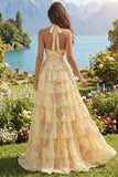 Yellow Halter A Line Floral Long Prom Dress with Ruffles