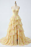 Yellow Spaghetti Straps A Line Corset Floral Prom Dress with Ruffles