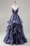 Starry A Line featuring Delicate Spaghetti Straps Long Prom Dress with Tiered Waterfall Skirt