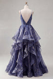 Starry A Line featuring Delicate Spaghetti Straps Long Prom Dress with Tiered Waterfall Skirt
