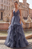 Starry A Line featuring Delicate Spaghetti Straps Long Prom Dress with Tiered Waterfall Skirt