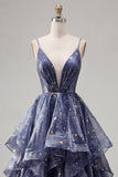 Starry A Line featuring Delicate Spaghetti Straps Long Prom Dress with Tiered Waterfall Skirt