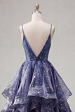 Starry A Line featuring Delicate Spaghetti Straps Long Prom Dress with Tiered Waterfall Skirt