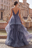 Starry A Line featuring Delicate Spaghetti Straps Long Prom Dress with Tiered Waterfall Skirt
