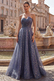 Elegant Starry Long Prom Dress featuring a Sculptural Ruched Bodice and A-Line Skirt