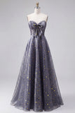 Celestial Midnight Enchanting Starry A-Line Sweetheart Long Prom Dress with Bow