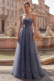 Celestial Midnight Enchanting Starry A-Line Sweetheart Long Prom Dress with Bow