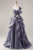 Starry Night Dusty Blue One Shoulder Long Prom Dress  with Oversized Bow and Cascading Ruffles