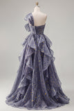 Starry Night Dusty Blue One Shoulder Long Prom Dress  with Oversized Bow and Cascading Ruffles