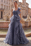 Starry Night Dusty Blue One Shoulder Long Prom Dress  with Oversized Bow and Cascading Ruffles