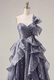 Starry Night Dusty Blue One Shoulder Long Prom Dress  with Oversized Bow and Cascading Ruffles