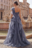 Starry Night Dusty Blue One Shoulder Long Prom Dress  with Oversized Bow and Cascading Ruffles