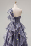 Starry Night Dusty Blue One Shoulder Long Prom Dress  with Oversized Bow and Cascading Ruffles