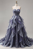 Starry Night Dusty Blue Strapless Long Prom Dress with Ruched Bodice and Cascading Ruffles